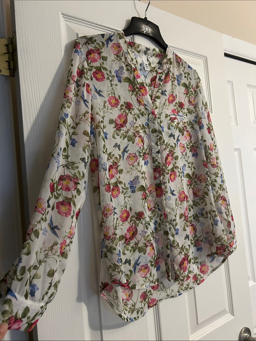 Kut from the Kloth Floral Sheer Button-Front Blouse - Pink/Blue - Medium - Picture 7 of 11